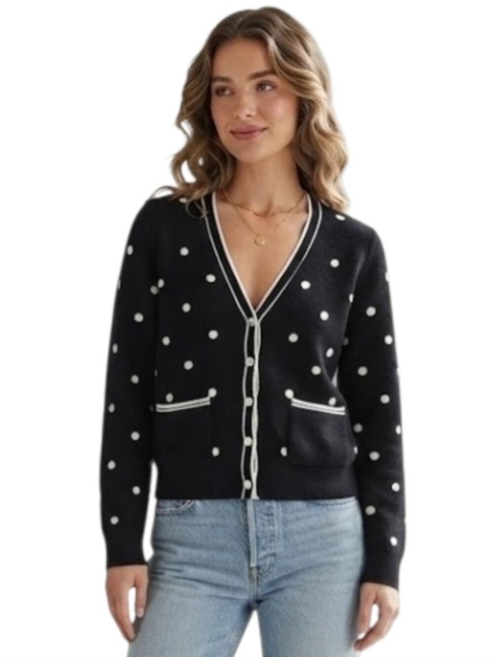 Real Clothes Black and White Polka Dot Women's Cardigan Sweater Button Up